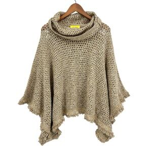 ST JOHN Poncho Cape Open Knit Crochet Wool Blend Cowl Neck